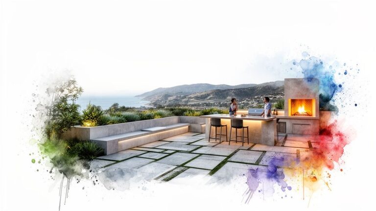 a beautiful outdoor fireplace and patio with seating