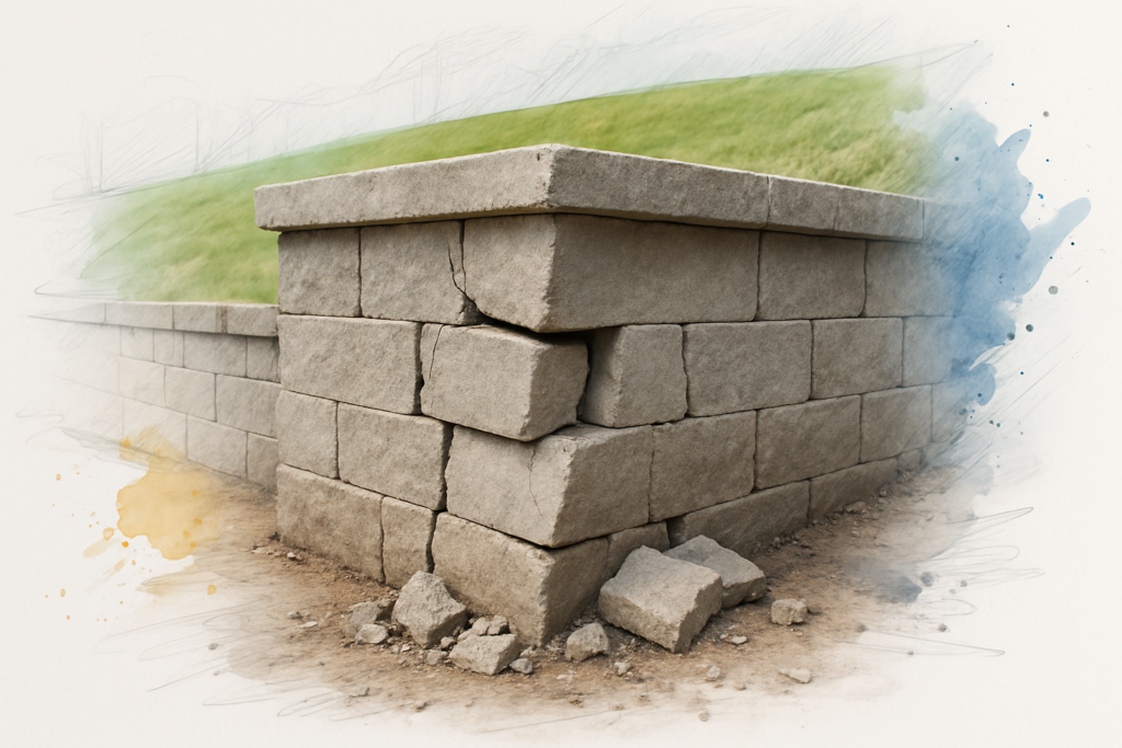 Damaged concrete block corner with cracked blocks and a displaced capstone on a residential property