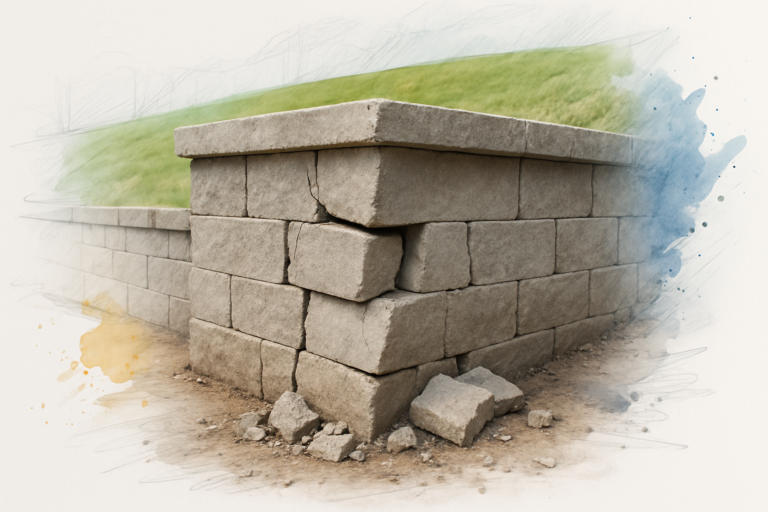 Damaged concrete block corner with cracked blocks and a displaced capstone on a residential property