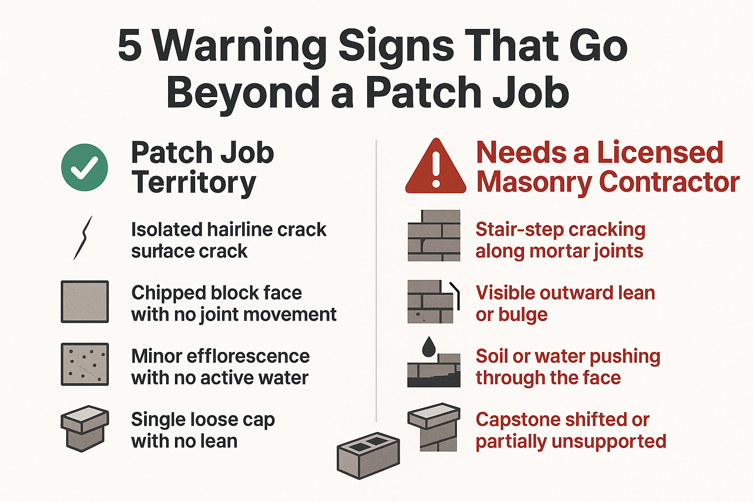Infographic comparing cosmetic patch-job damage against structural warning signs requiring a