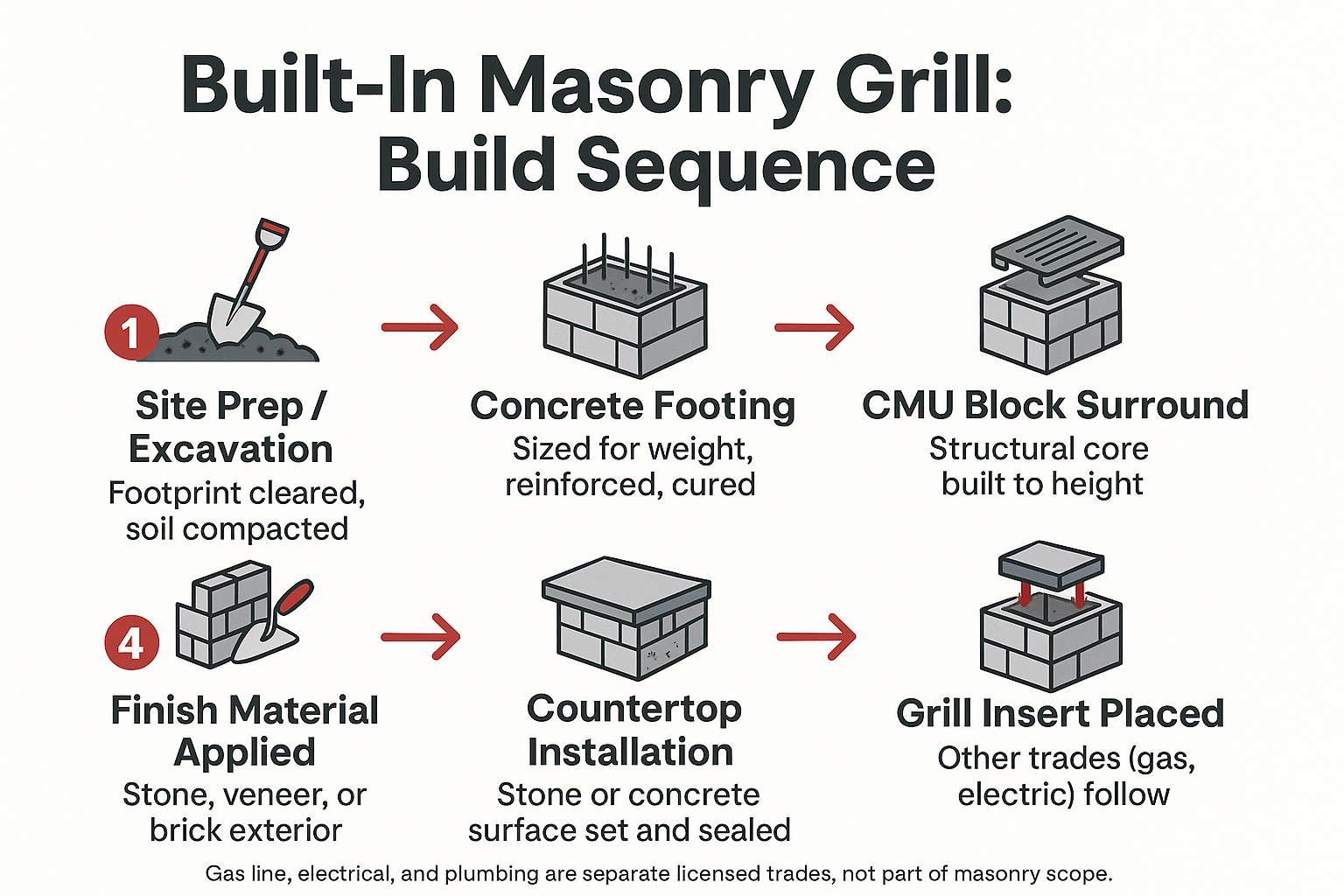 Infographic showing the six-step build sequence for a built-in outdoor masonry grill surround, from footing to grill insert