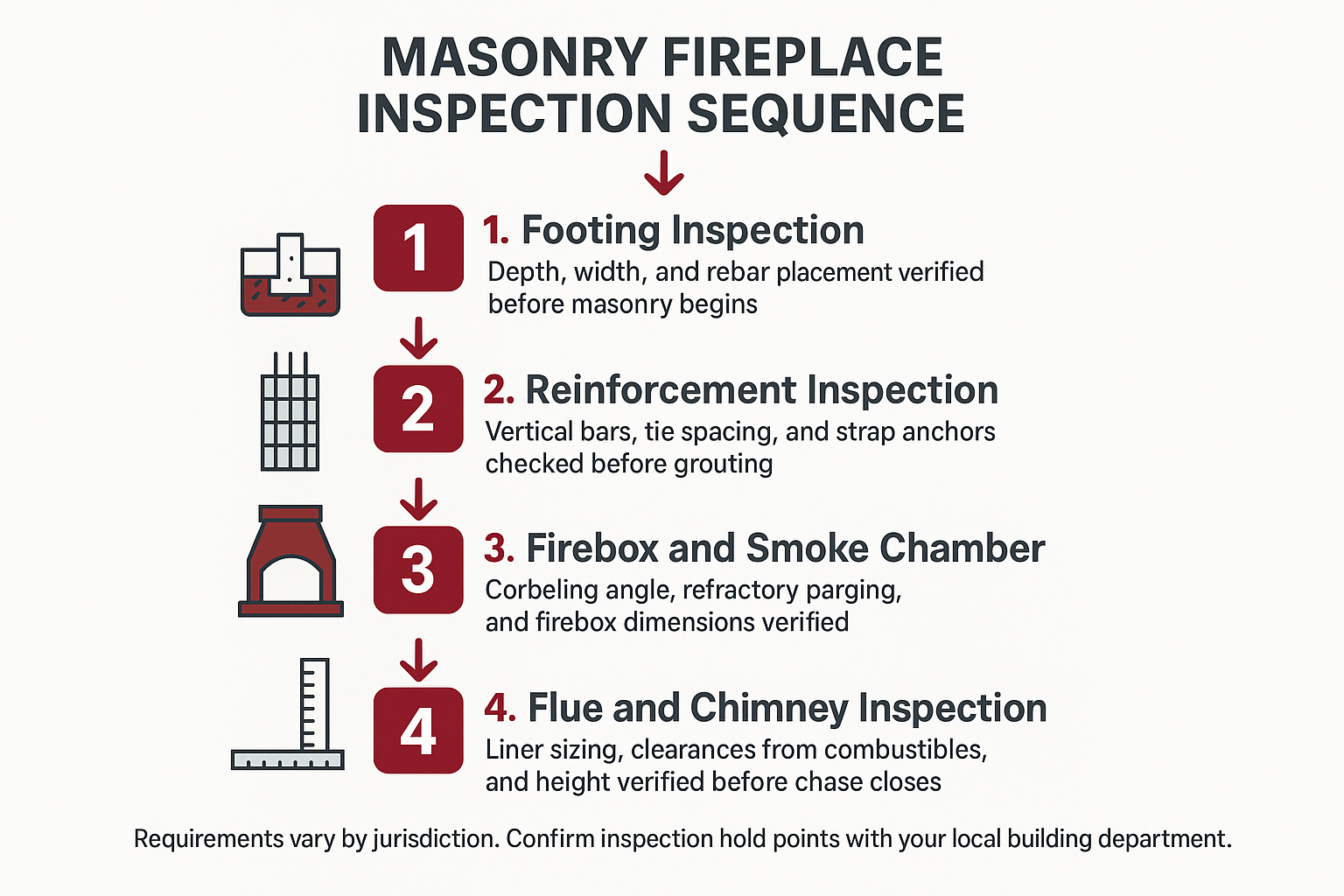 Infographic showing the five staged inspection hold points in a permitted masonry fireplace build, from footing to final.