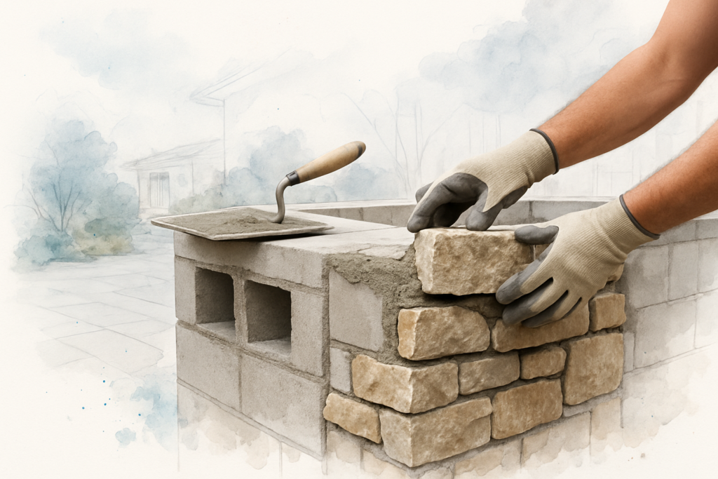 Mason setting natural stone veneer onto a CMU block outdoor kitchen island frame on a coastal California patio