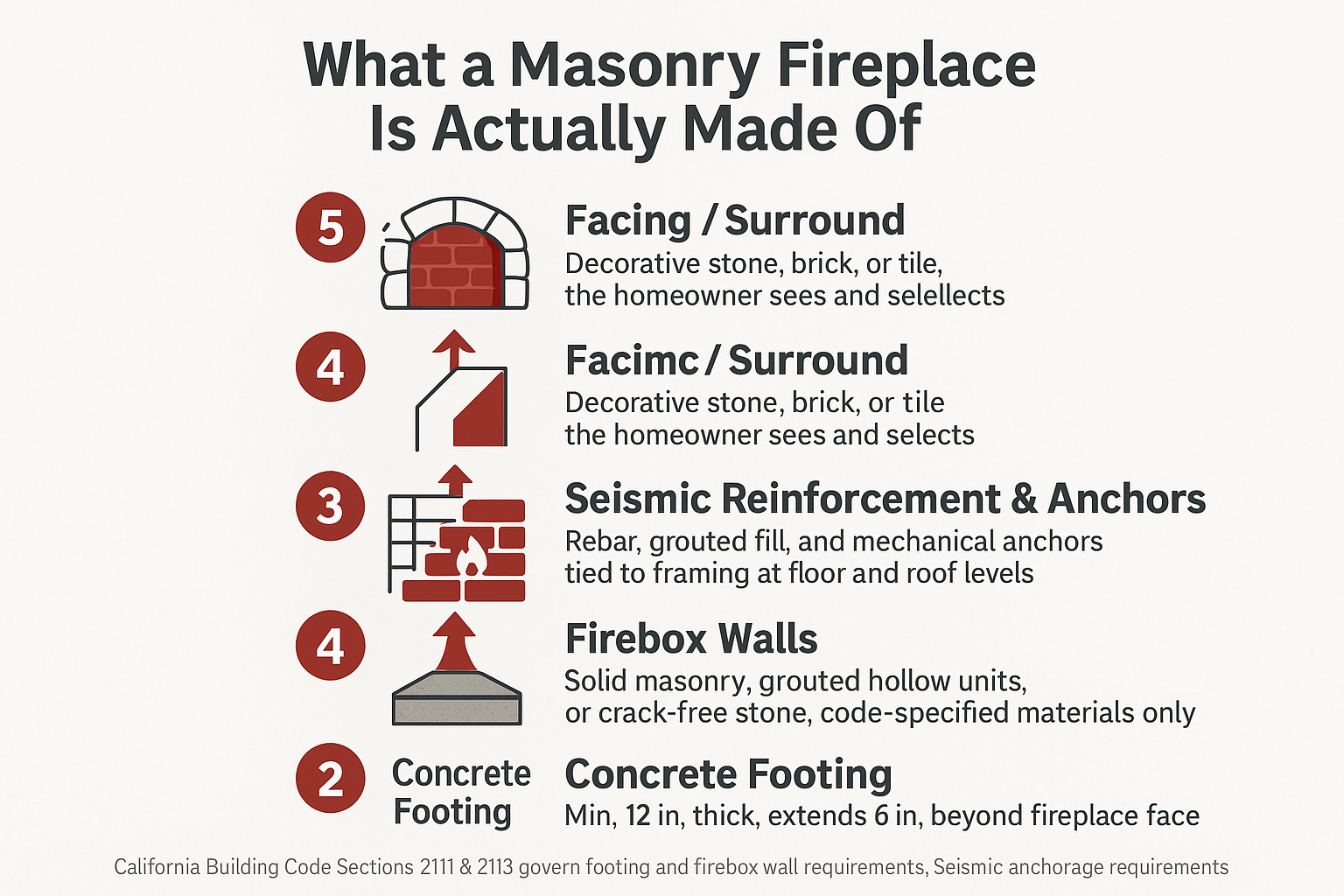 Infographic showing the five structural layers of a masonry fireplace from footing to decorative facing, with code notes.