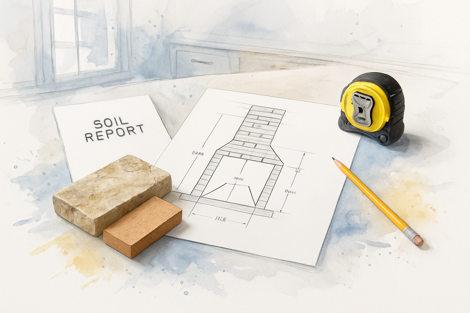 Fireplace plan drawing, soil report, tape measure, firebrick and stone veneer samples laid out on a table