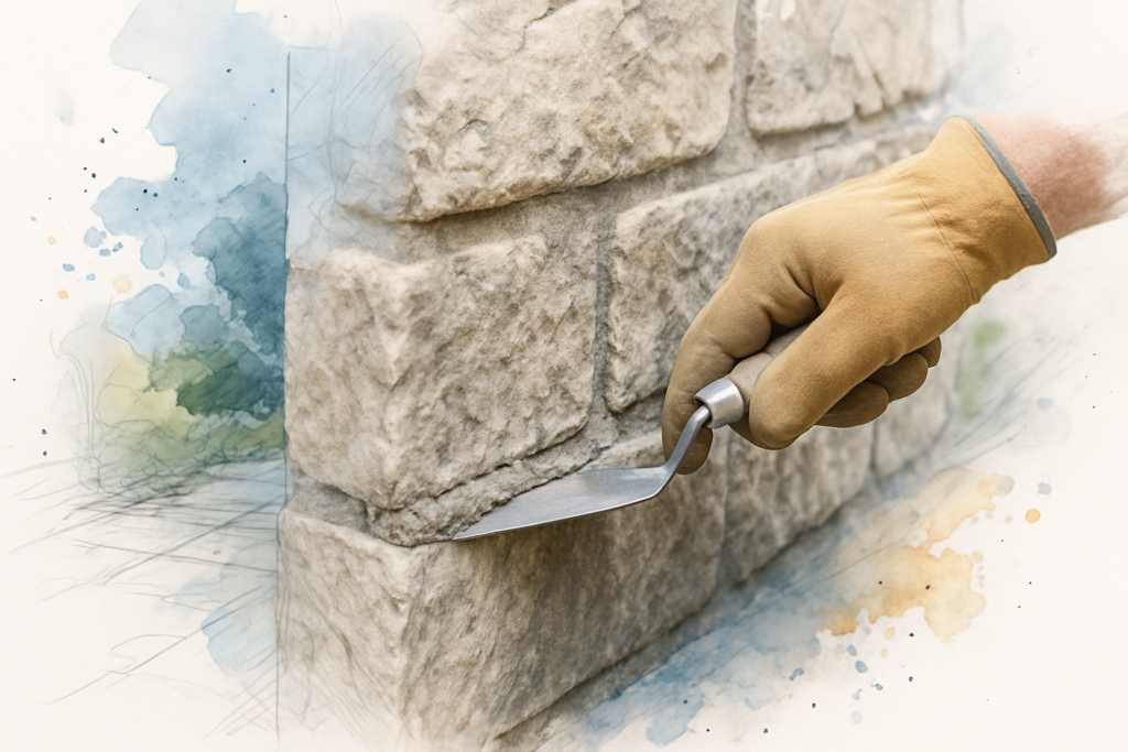Mason pressing fresh mortar into a stone wall joint during masonry repair work on the Monterey Peninsula.