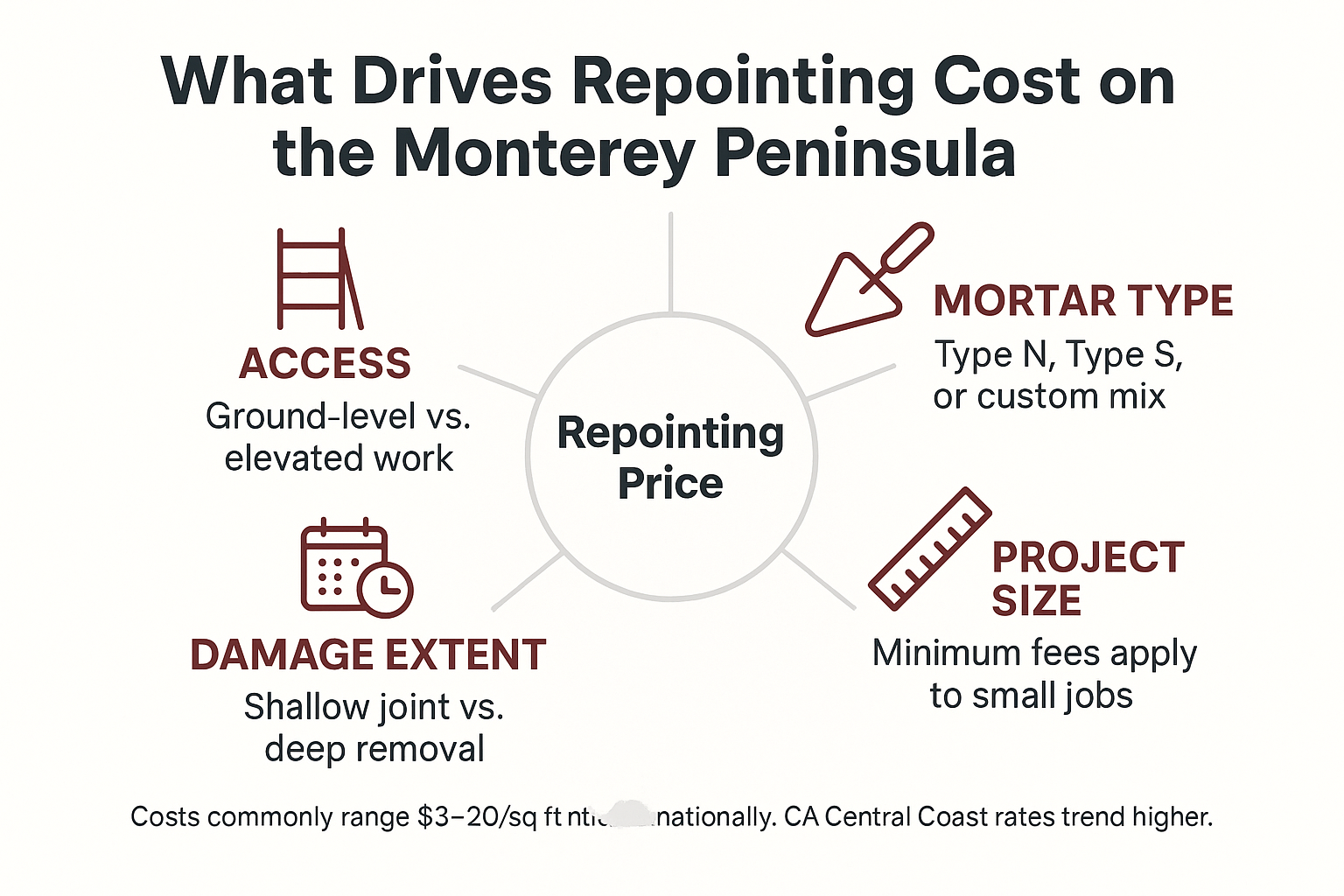 Infographic showing the four factors that drive repointing masonry costs on the Monterey Peninsula.