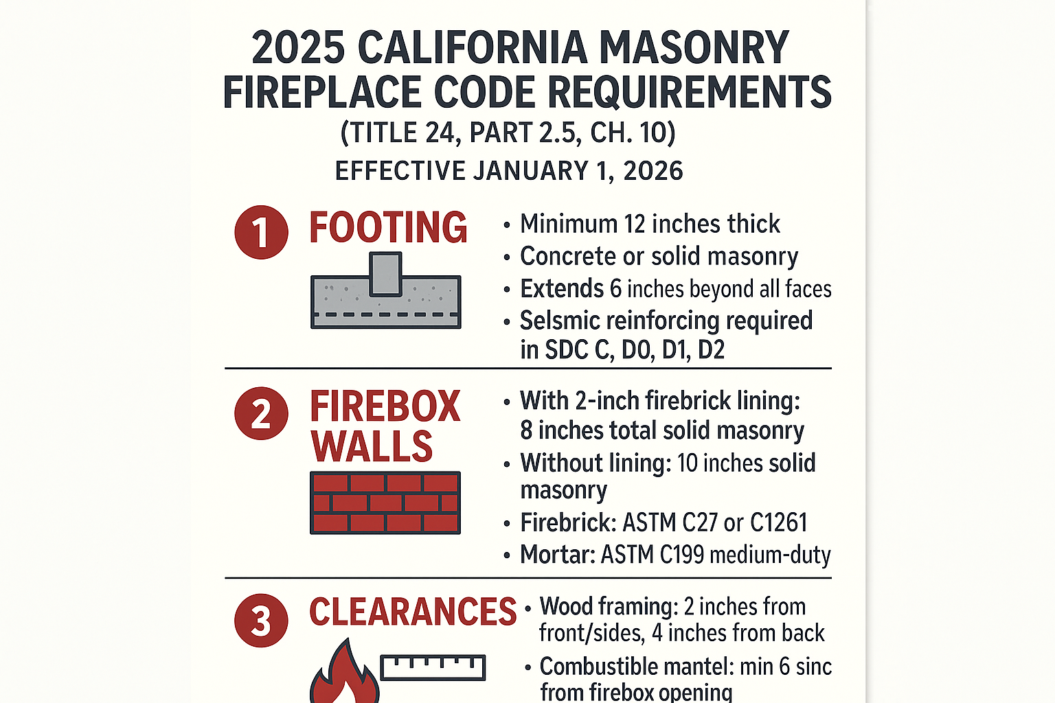 Infographic summarizing 2025 California masonry fireplace code requirements for footings, firebox walls, and clearances under Title 24.