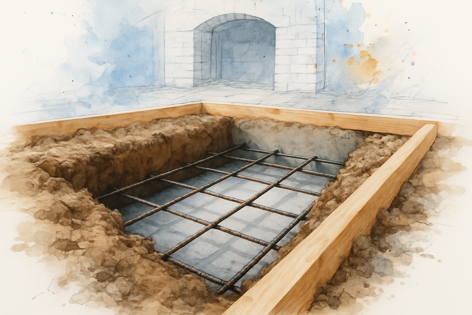 Excavated masonry fireplace foundation footing with rebar reinforcement grid visible inside a formed concrete trench