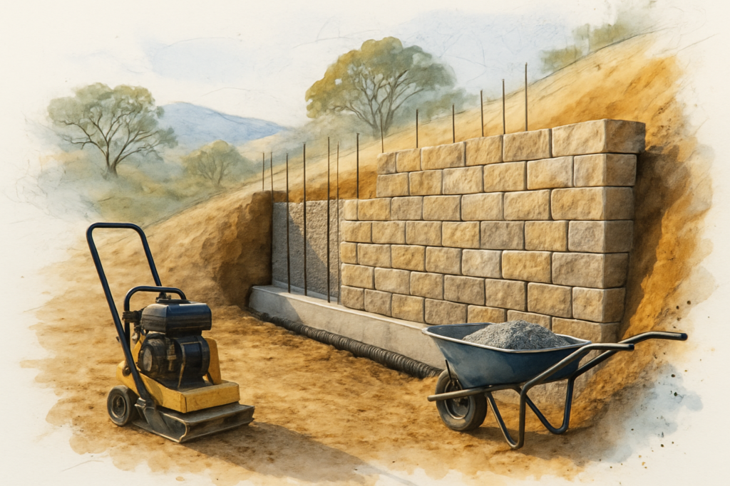under construction showing footing, gravel drainage layer, perforated pipe and reinforced stone courses