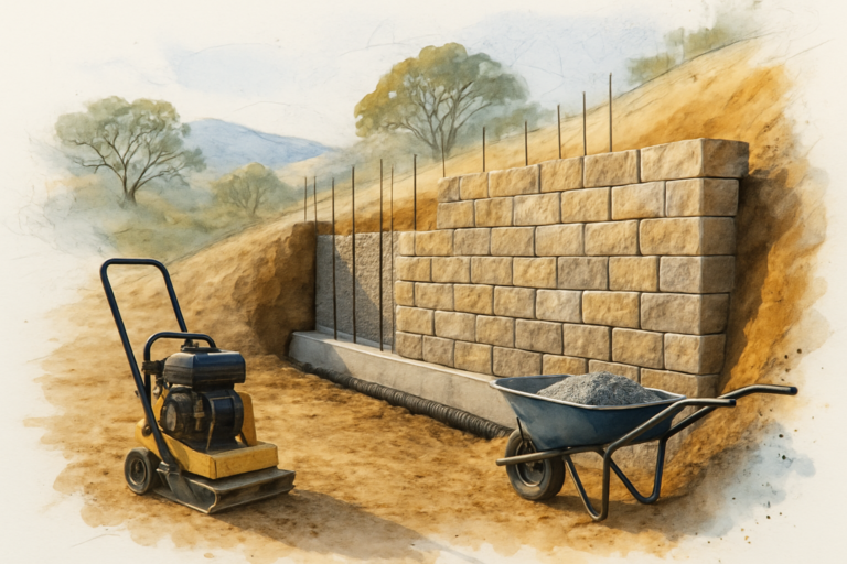 under construction showing footing, gravel drainage layer, perforated pipe and reinforced stone courses