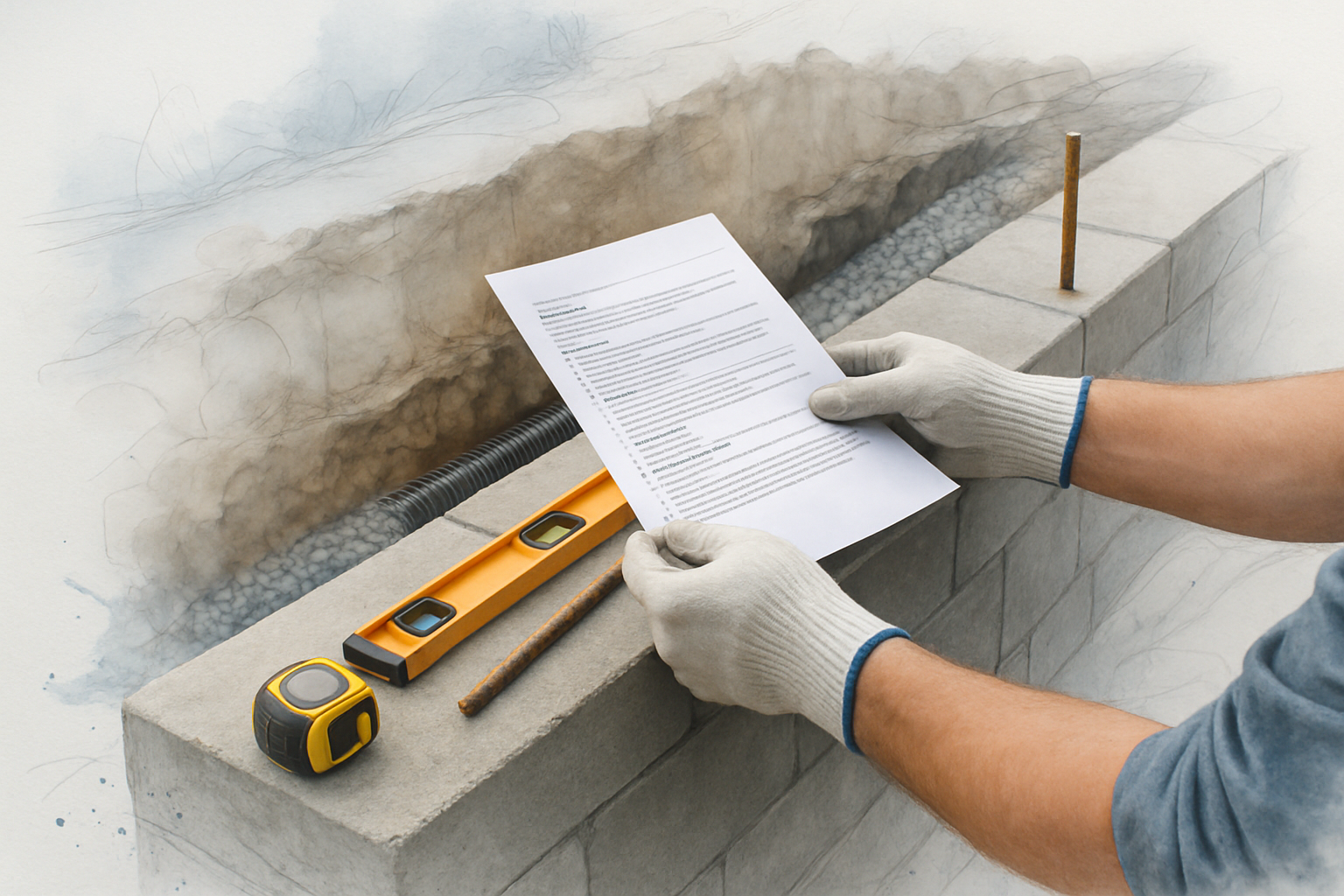 Mason reviewing a written estimate on a block wall next to an open drainage trench and rebar