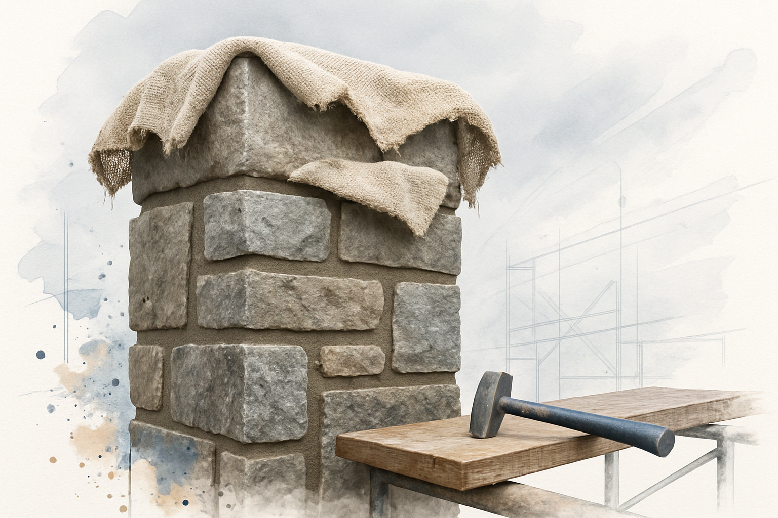 Fresh mortar joints on a new stone chimney covered with damp burlap to control cure time