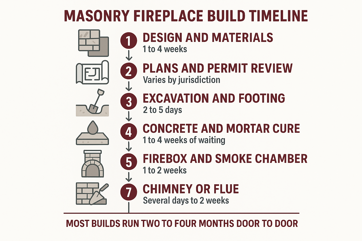 Infographic showing the seven phases of a masonry timeline with typical duration ranges