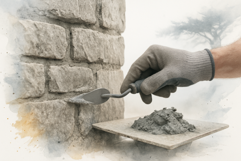 Mason packing fresh mortar into a raked joint on a coastal stone wall during mortar joint repair