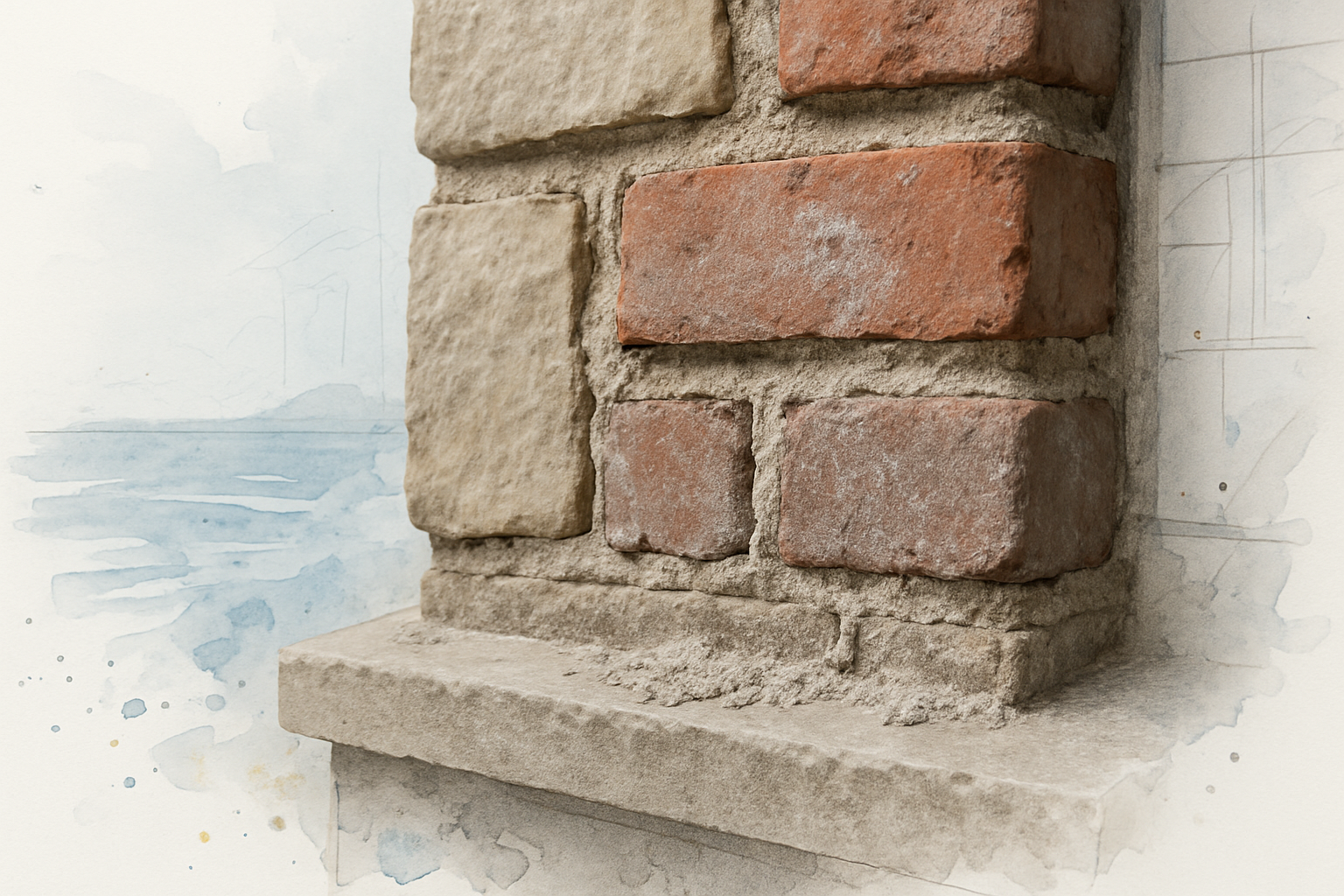 Recessed crumbling mortar joints with white salt bloom on a coastal masonry wall