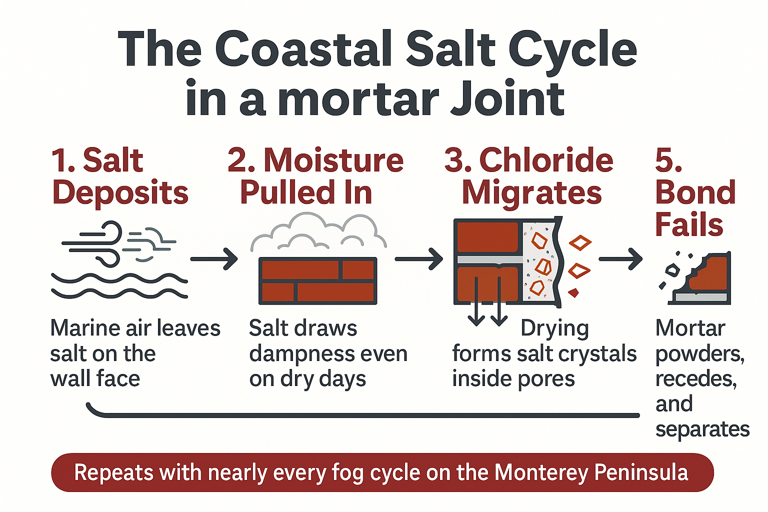 Infographic showing the five-step salt cycle that causes coastal mortar joint failure
