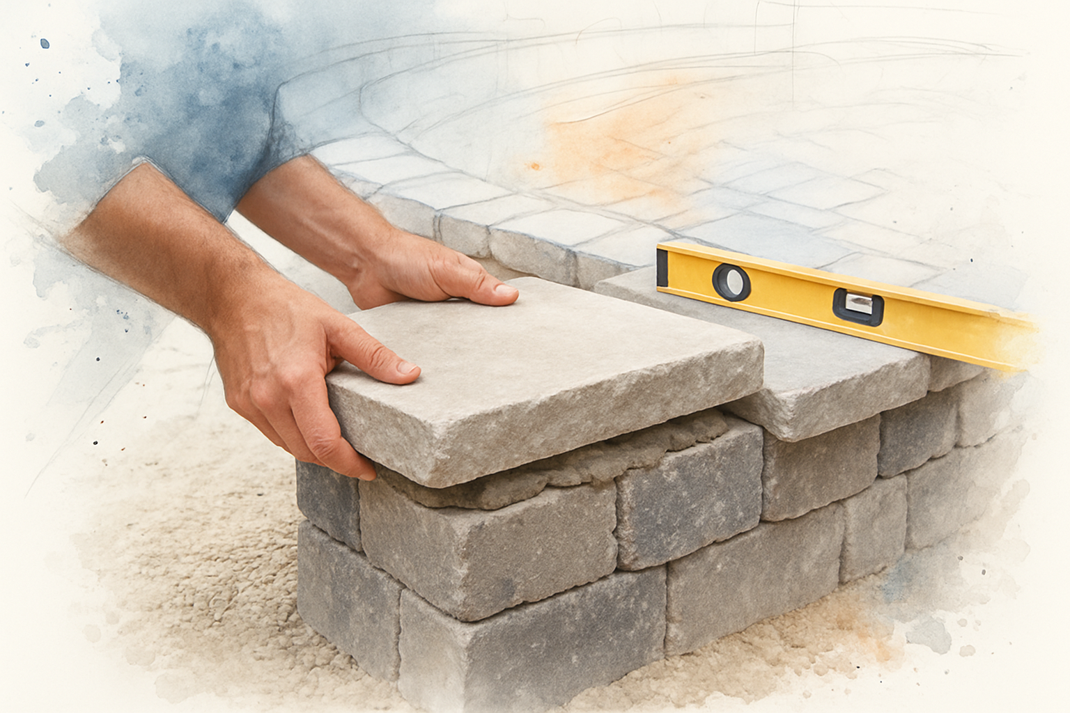 Mason setting a thick cap stone onto a block seating wall core with a level resting nearby