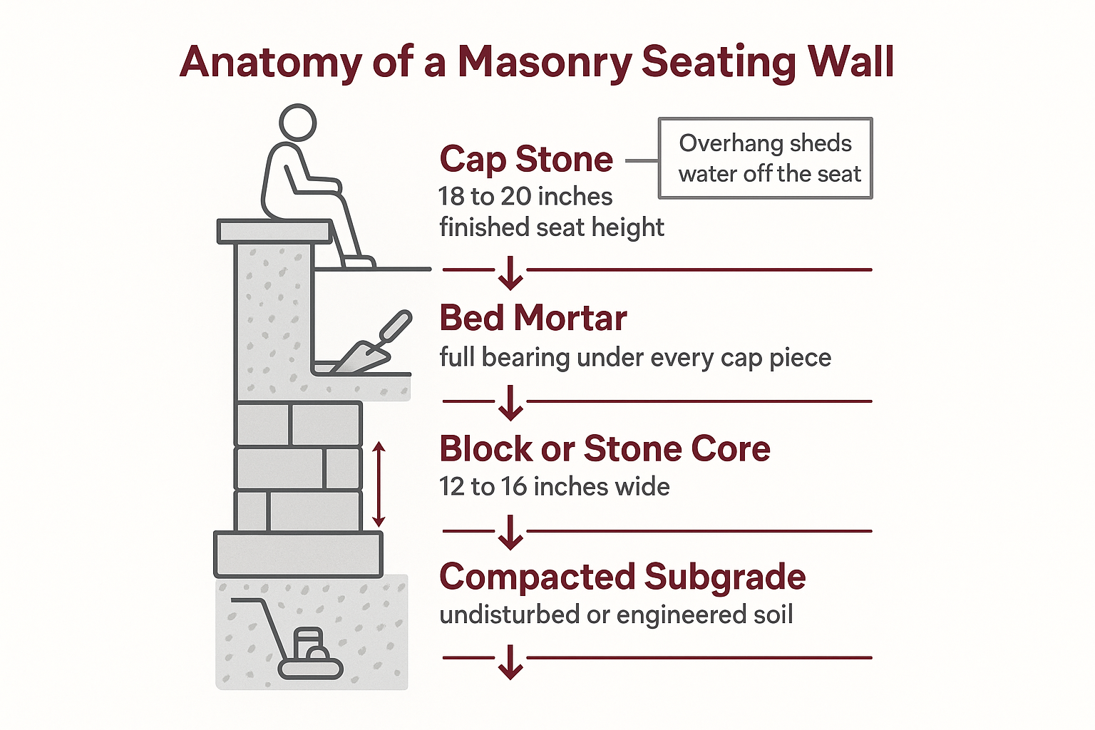 Infographic showing the five layers of a masonry seating wall from subgrade footing to cap stone