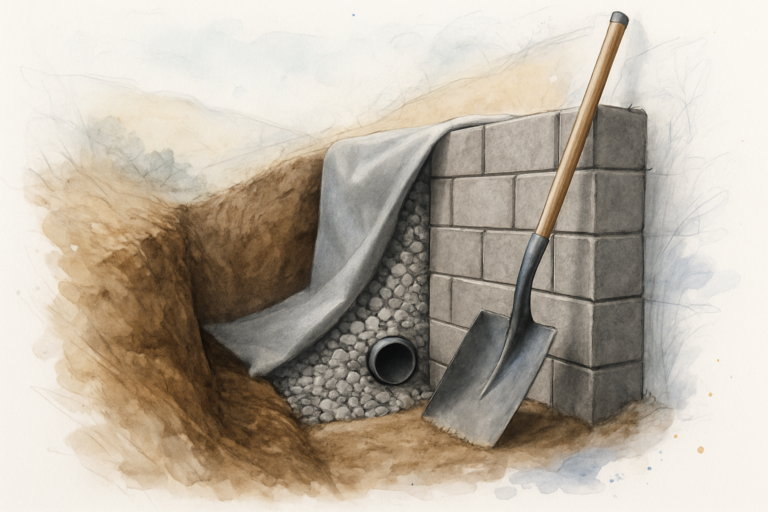 Gravel drainage layer, filter fabric, and weep hole behind a block under construction on a hillside
