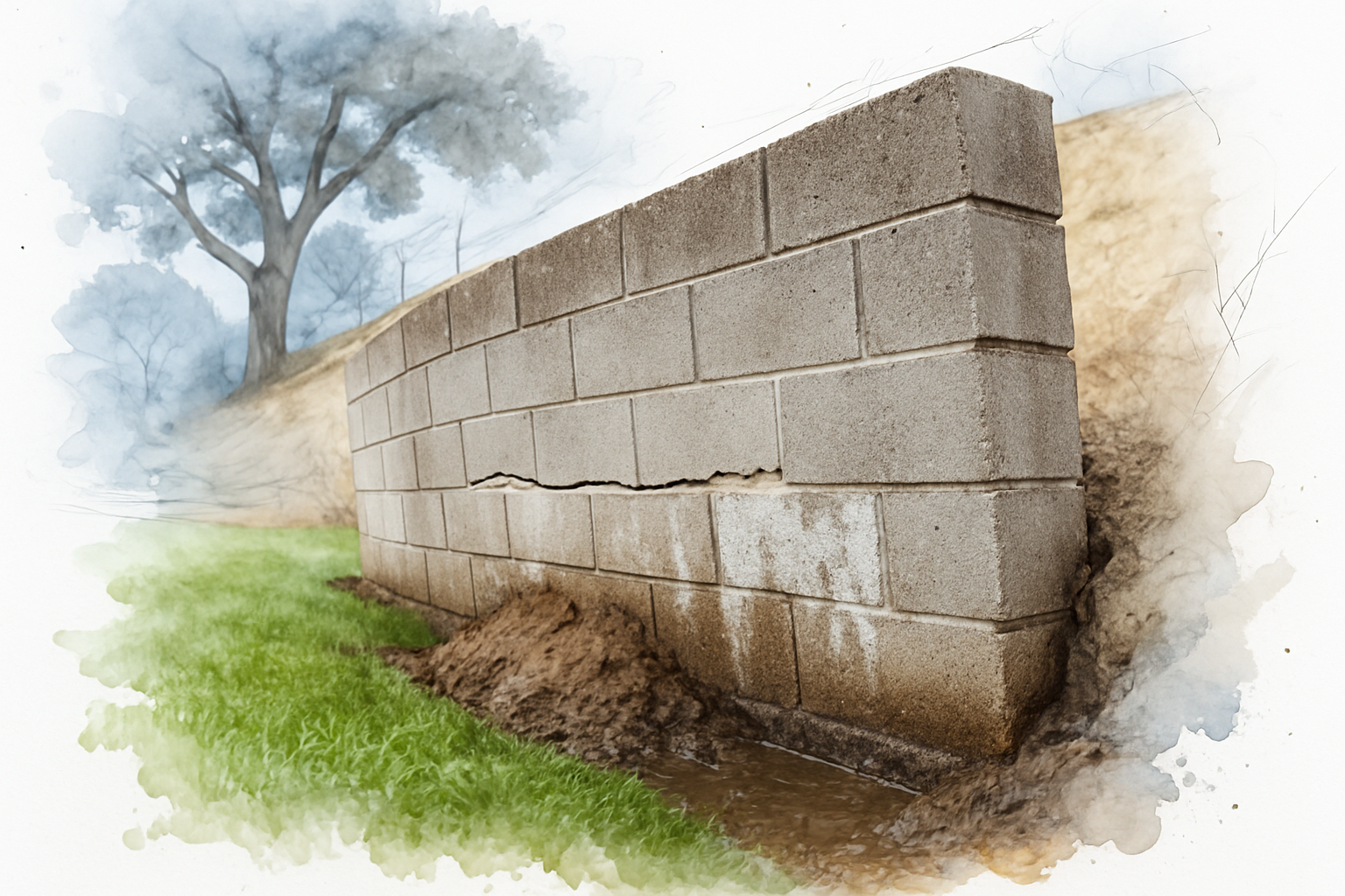Leaning block with a horizontal crack and staining caused by water pressure behind the wall