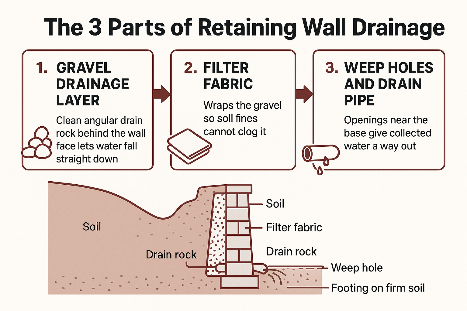 Infographic showing gravel drainage layer, filter fabric, and weep holes behind a