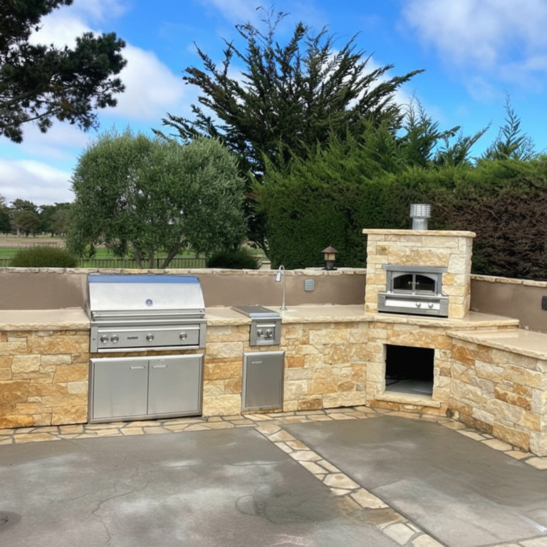 Outdoor masonry kitchen with stone-veneer walls, stainless steel grill, wood-fired pizza oven, and concrete patio.