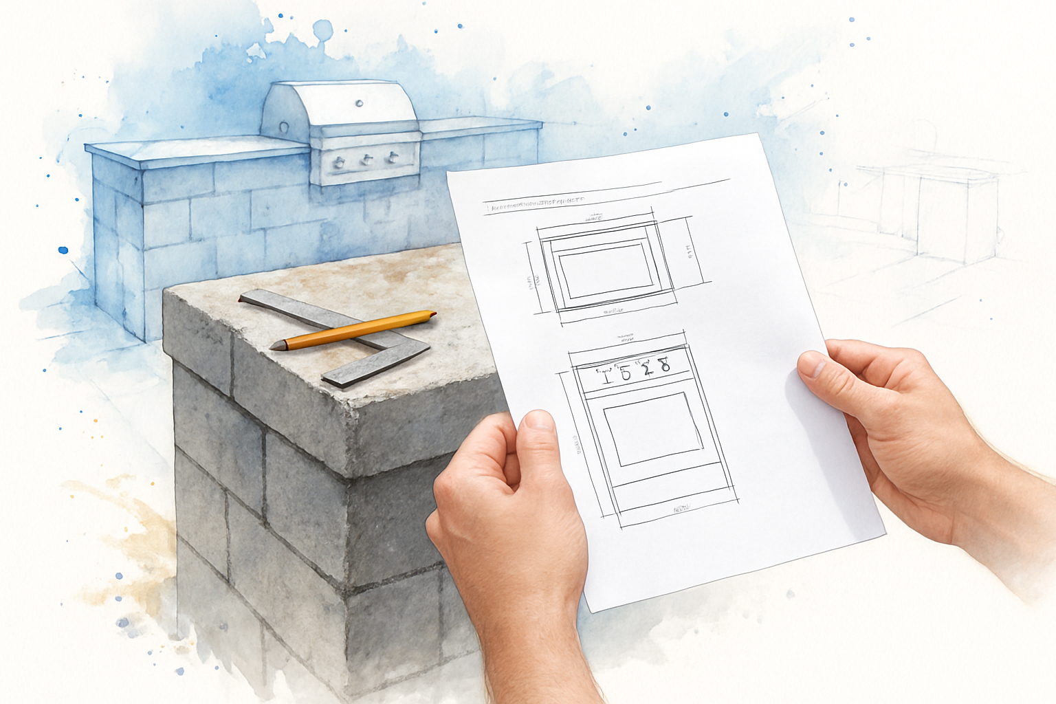 Grill specification sheet held beside a block outdoor kitchen base during layout