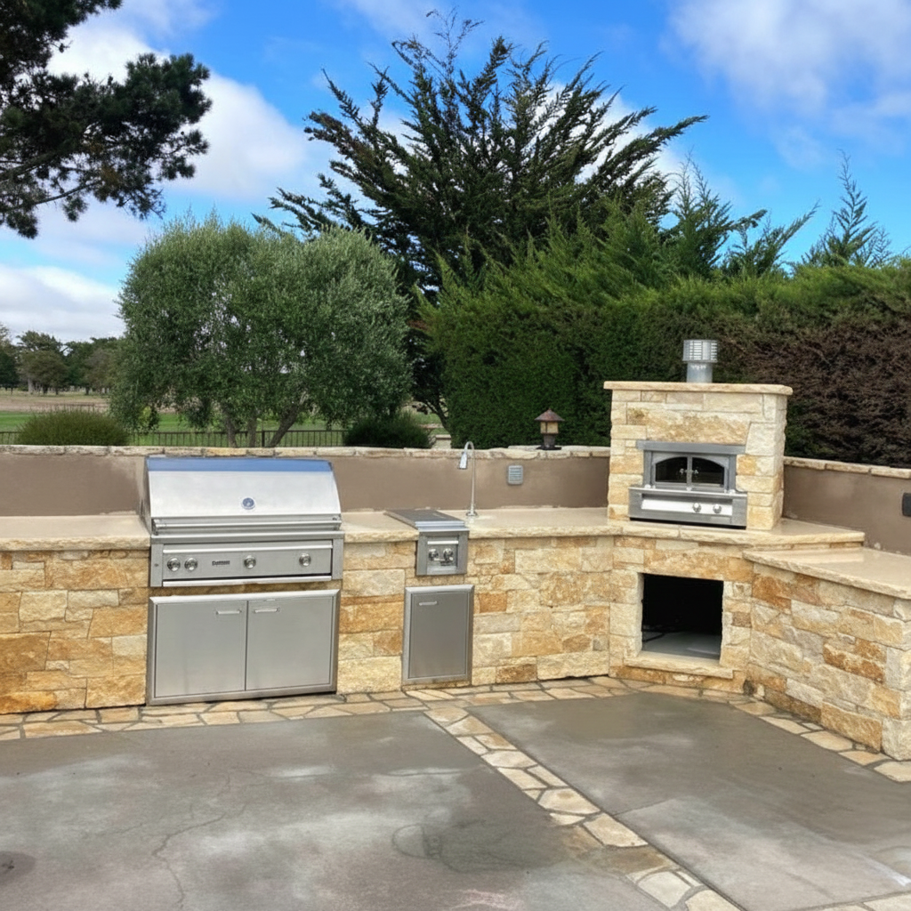 Outdoor masonry kitchen with stone-veneer walls, stainless steel grill, wood-fired pizza oven, and concrete patio.