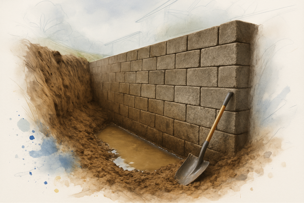 Excavated back of a block showing wet clay packed against it with no gravel drainage layer or drain pipe