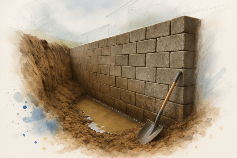 Excavated back of a block showing wet clay packed against it with no gravel drainage layer or drain pipe