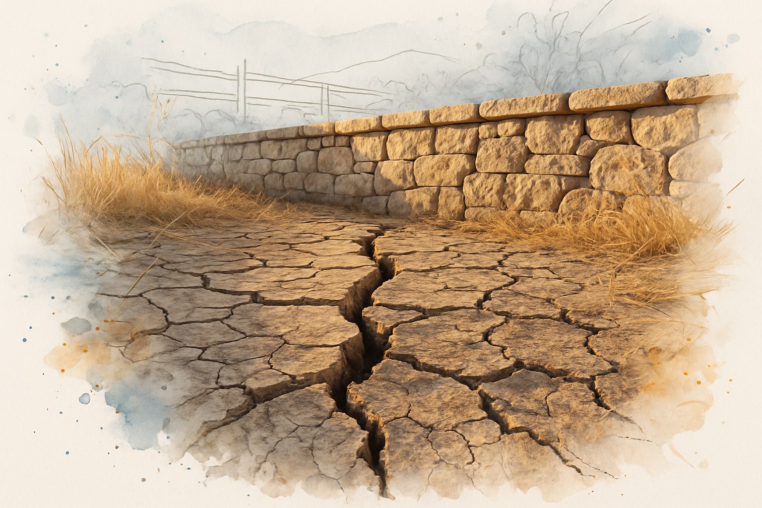 Deep summer shrinkage cracks in dry clay soil running toward the base of a stone