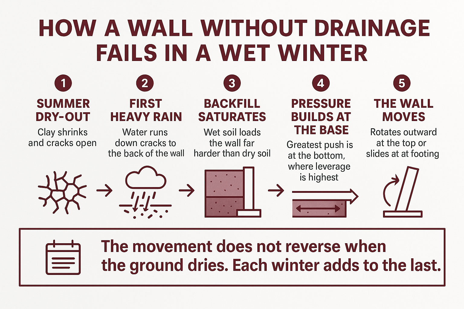 Infographic showing the five-step sequence of how a without drainage fails during a wet winter