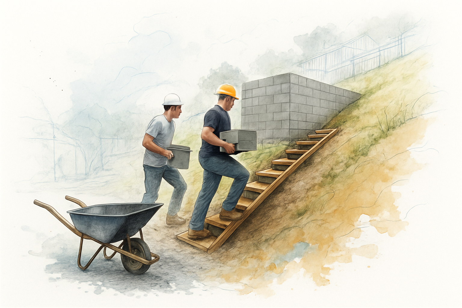 Two masons hand carrying block up a steep hillside to a with no truck access