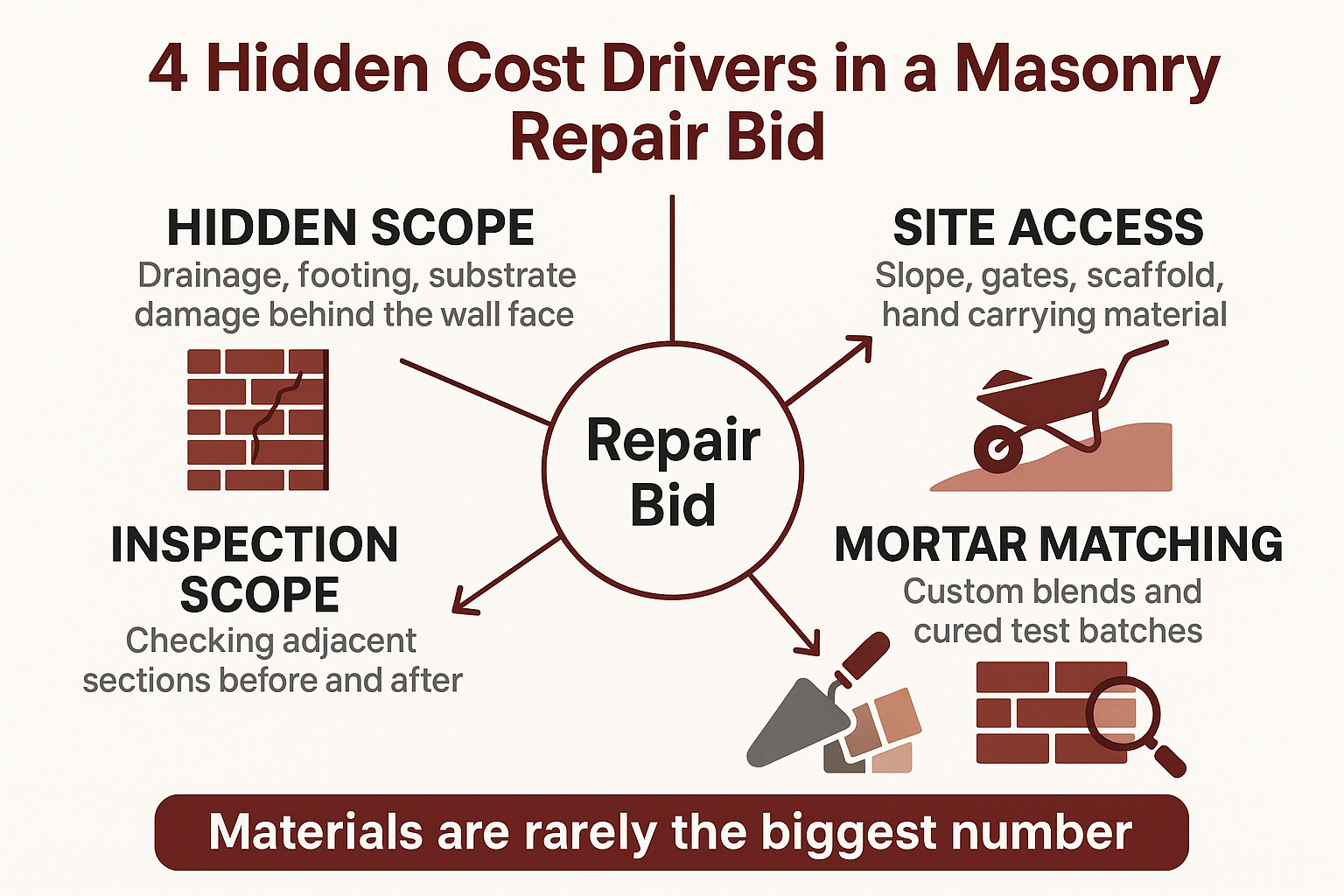 Infographic showing four cost drivers: hidden scope, access, mortar matching, and inspection