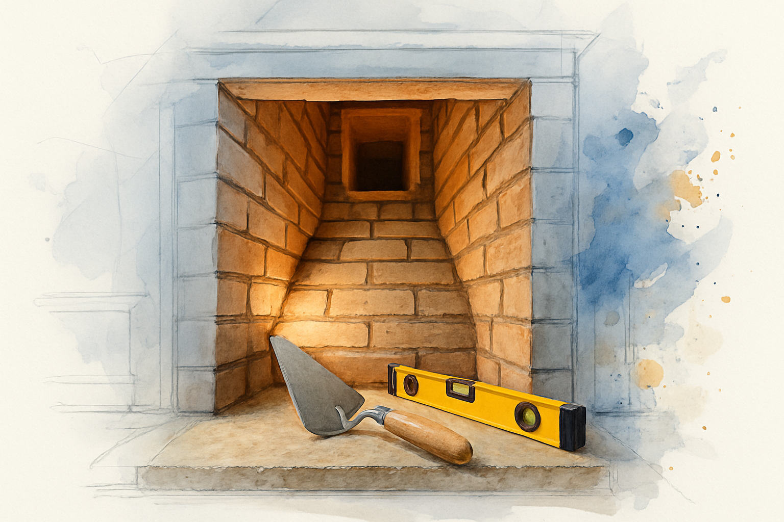 Corbeled smoke chamber inside a masonry fireplace narrowing toward the clay flue liner during construction
