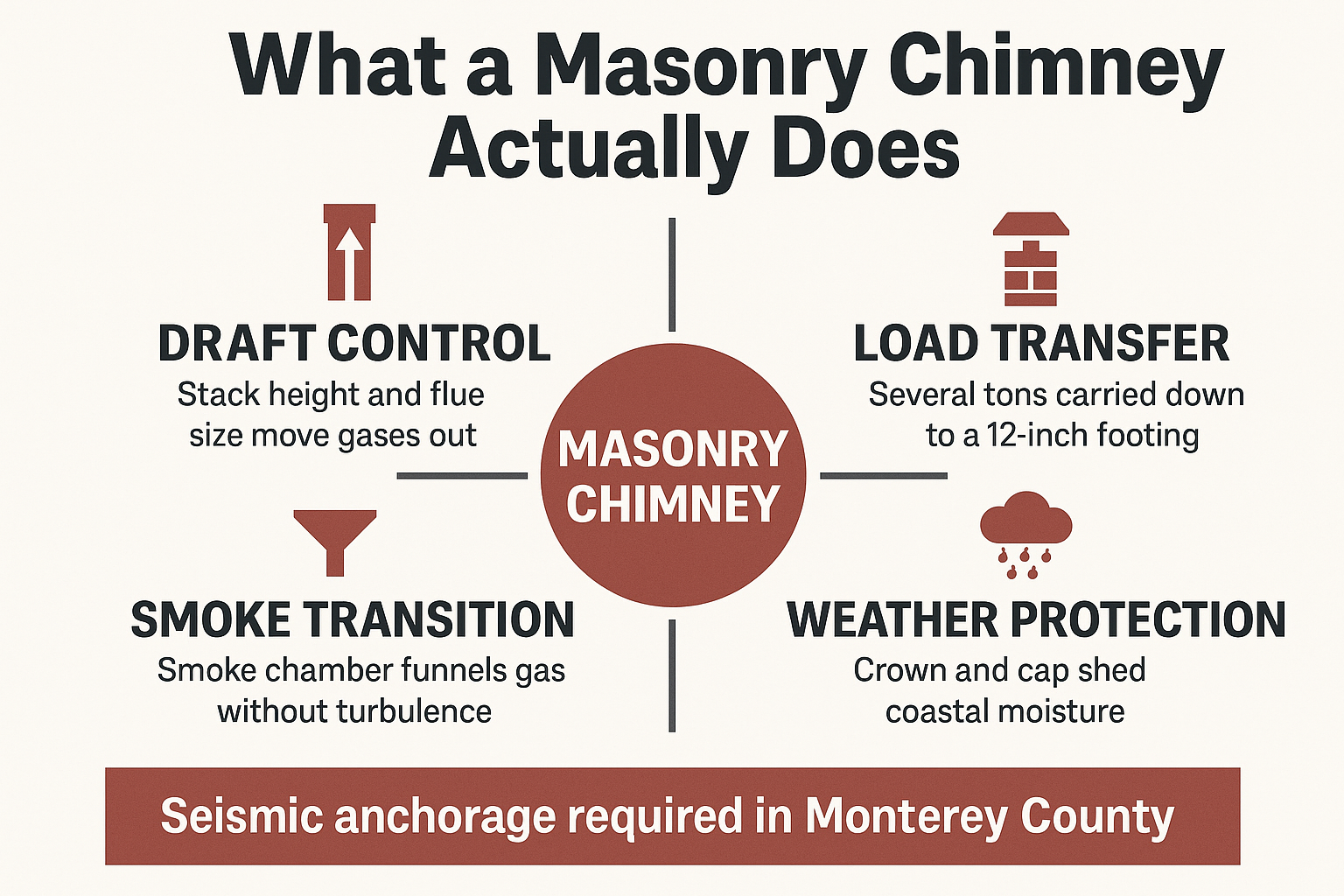 Infographic showing the four jobs of a masonry chimney: draft, load transfer, smoke transition, weather protection