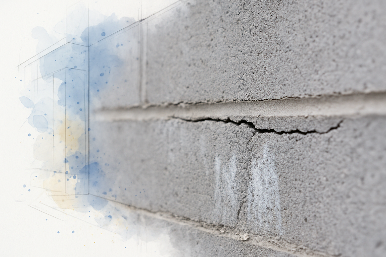 Horizontal crack along a mortar joint in a CMU block wall with white efflorescence staining below it