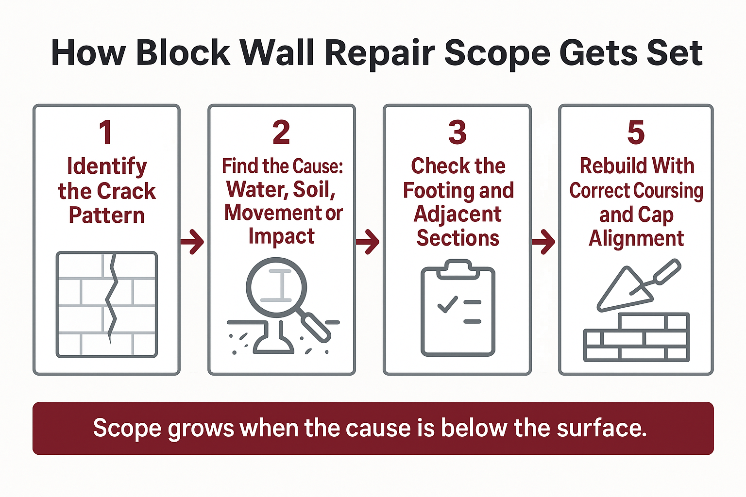 Infographic showing the five steps that set repair scope on a damaged commercial block wall