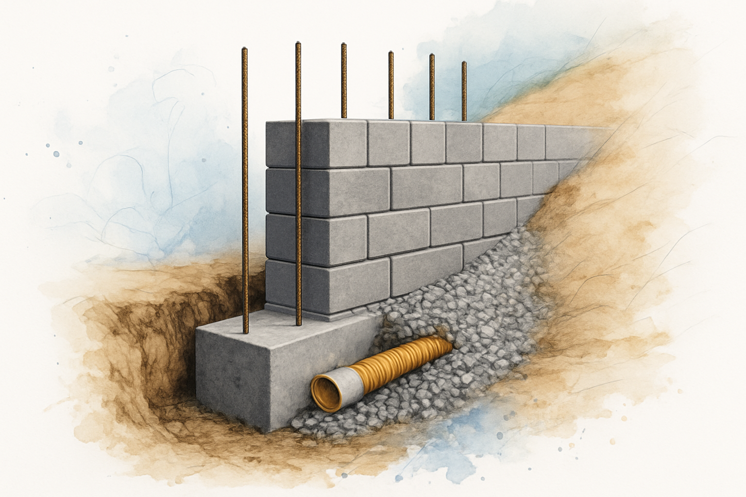 Cut-away view of a block showing footing depth below grade, rebar, gravel and drain pipe