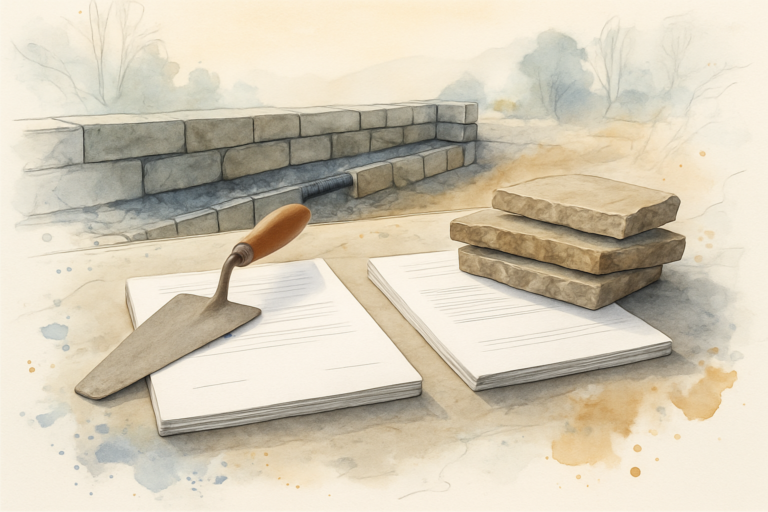 Two masonry project proposals on a job site table beside a trowel, stone samples, and a wall with open base trench
