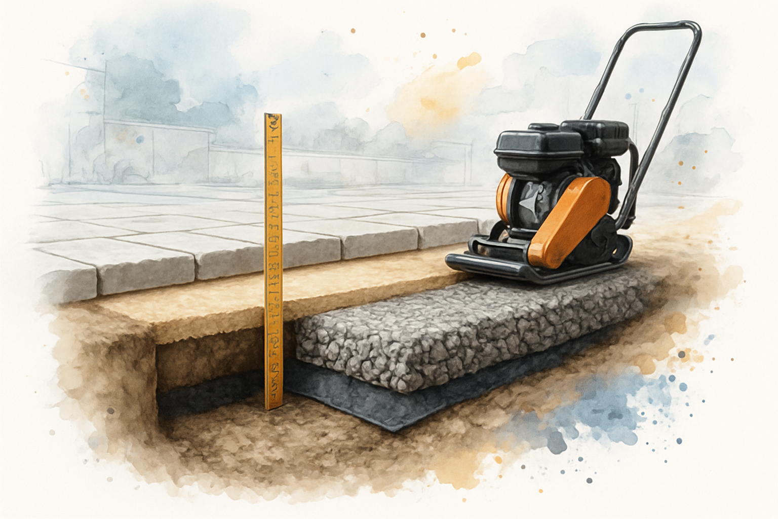 Excavated patio cross-section showing geotextile fabric, compacted gravel base depth, bedding layer, and stone pavers