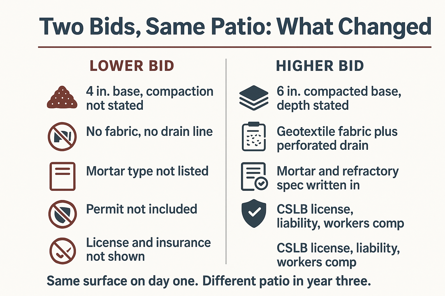 Infographic comparing a lower masonry bid to a higher bid across base depth, drainage, mortar spec, permits, and insurance