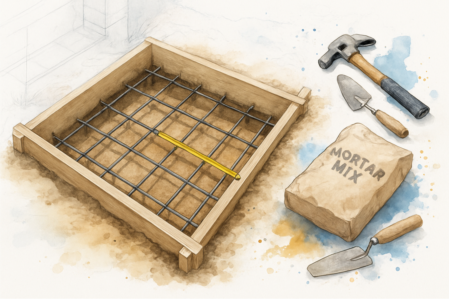Rebar grid tied inside a formed masonry fireplace footing excavation before concrete placement