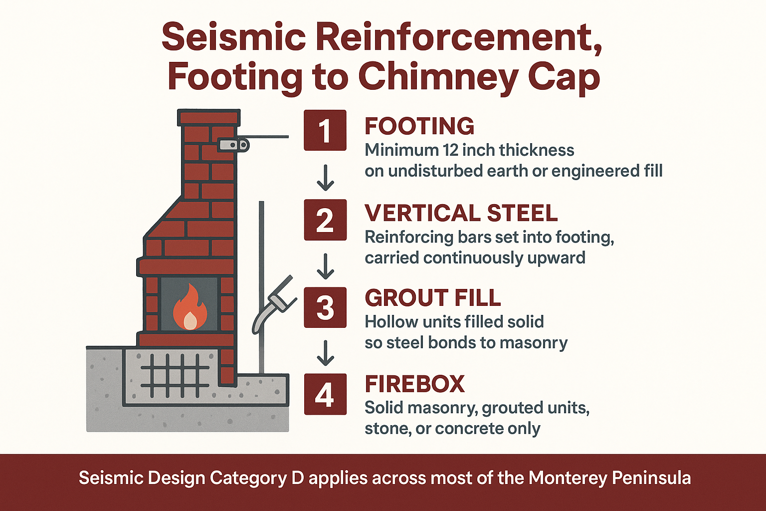 Infographic showing seismic reinforcement stages in a masonry fireplace from footing through chimney anchorage