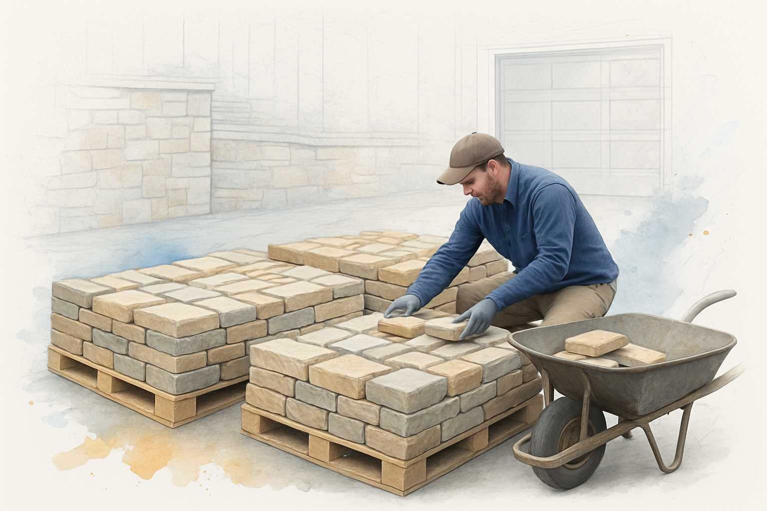 Mason sorting stone from three different pallets to blend color runs for a matching repair