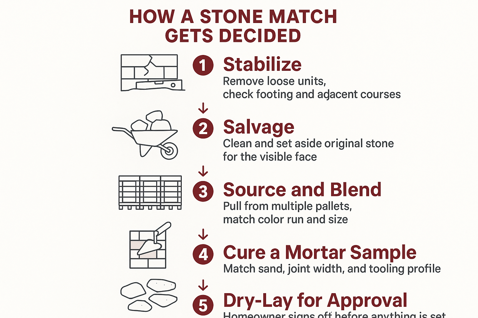 Infographic showing the five-step sequence for matching new stone to existing masonry