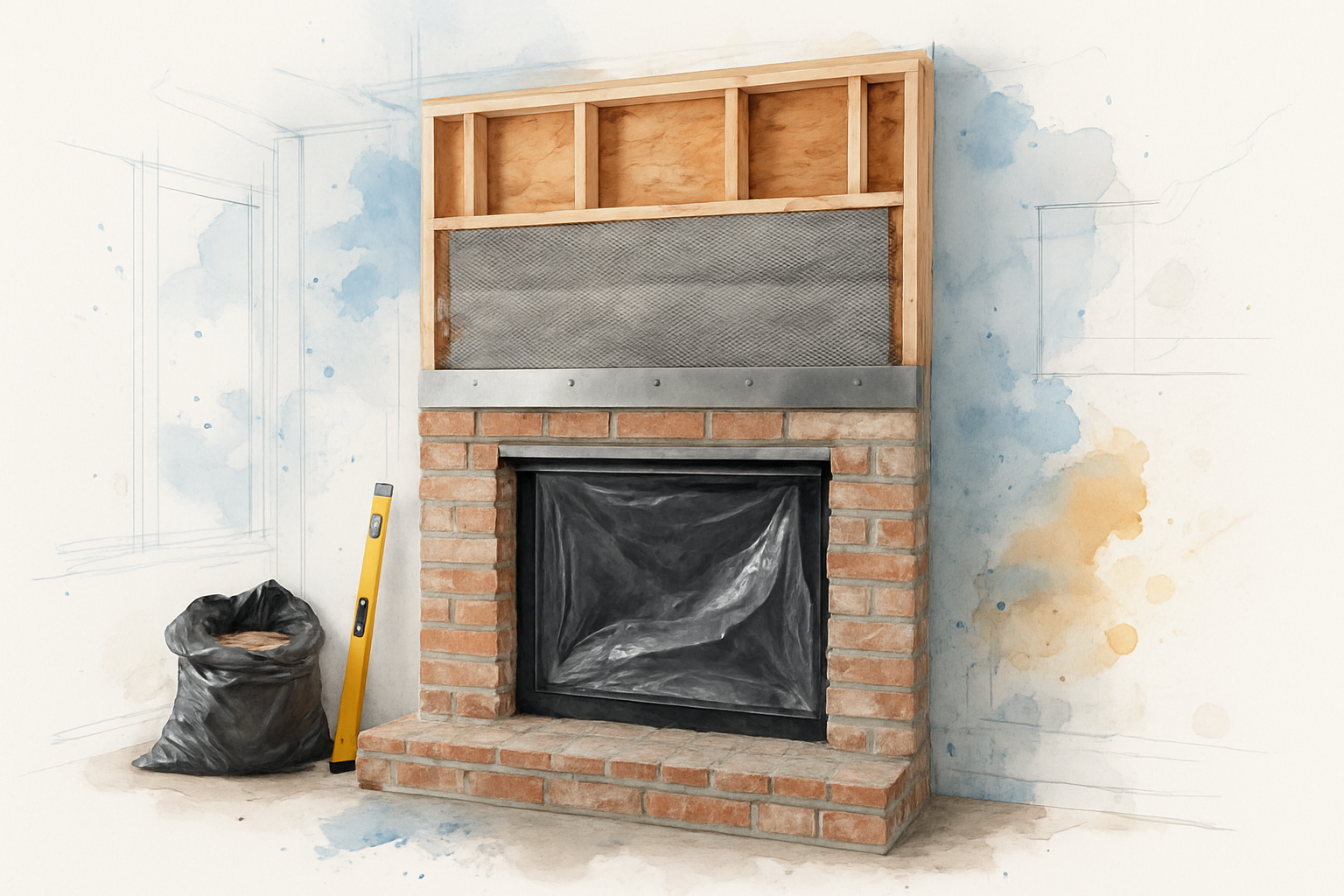 Stripped fireplace showing framed chase, metal lath, and a steel support angle above the opening