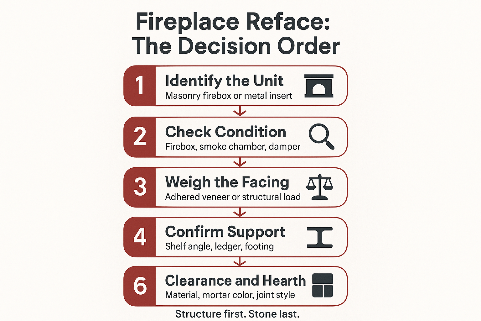 Infographic showing the six-step decision order for refacing a fireplace, from unit type to stone selection