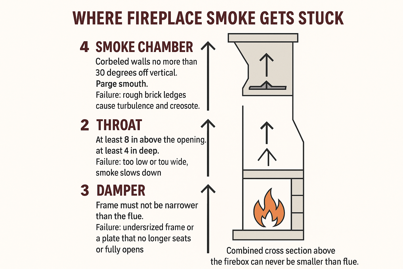 Infographic showing the firebox, throat, damper, and smoke chamber and the code minimum for each